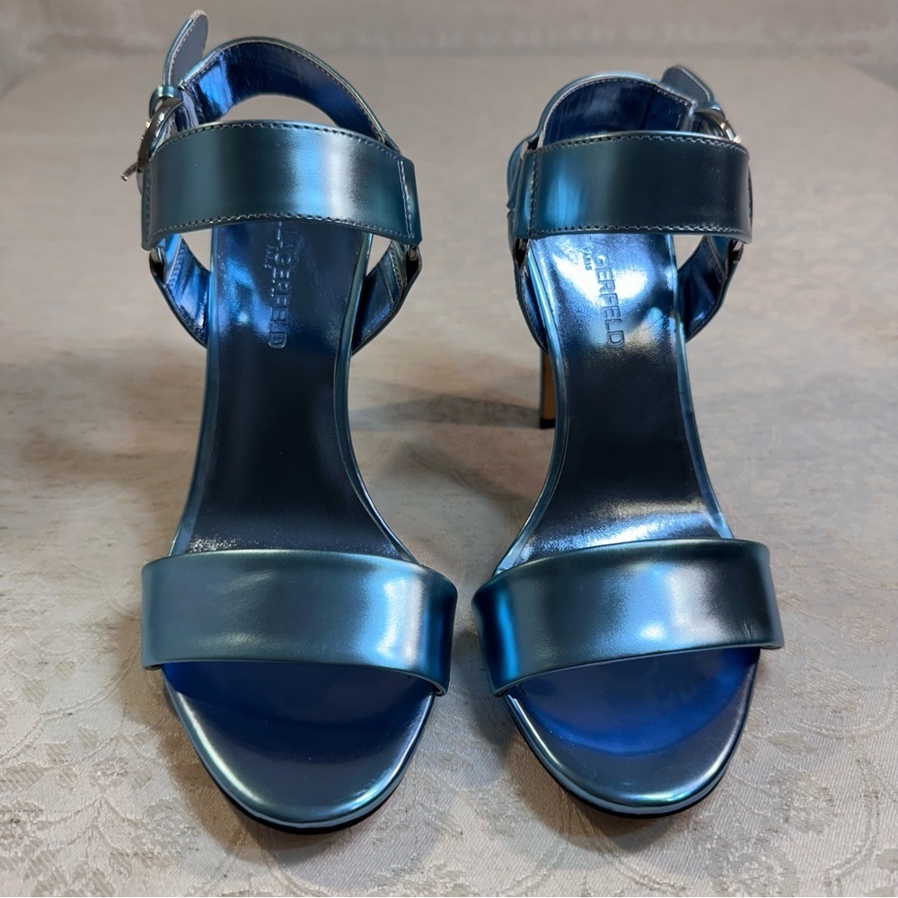 KARL LAGERFELD PARIS Cieone Blue Metallic High 4in Heel Holiday Party NWT Size 7 - Picture 8 of 10